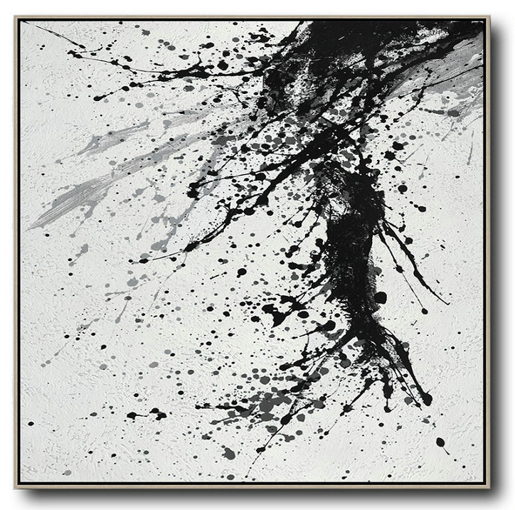 Large Abstract Painting Canvas Art,Minimalist Drip Painting On Canvas, Black, White, Grey - Abstract Art Decor,Contemporary Painting